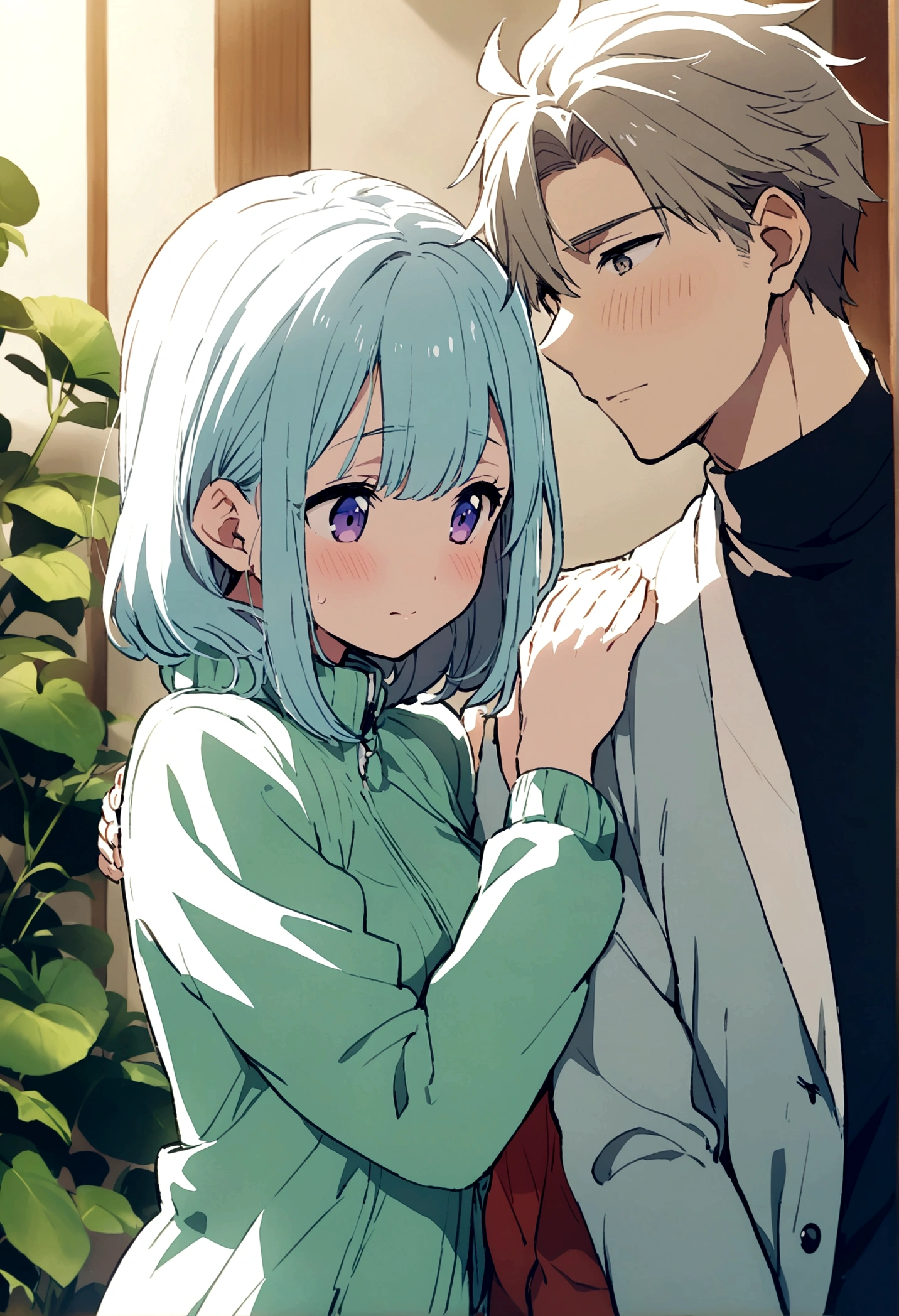 Anime couple,handsome boy pat his cute and pretty girl,shy,chubby,small,high quality,wearing couple jacket with same colour