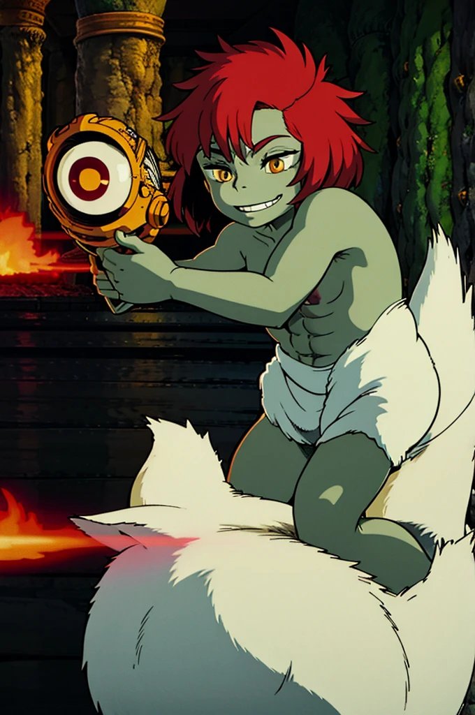 goblin enginner, red hair, golden eyes, green skin, full body art