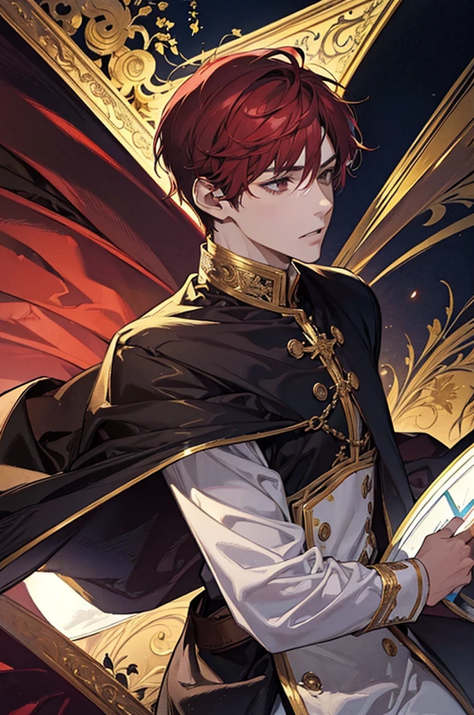 A man, adult, ((male)), short hair, high, Red hair, BROWN SKIN, gold eyes, Perfect face, beautiful clothes, Old clothes, detailed, dynamic lighting, (Best Quality), (Masterpiece), (reference sheet:1.5)