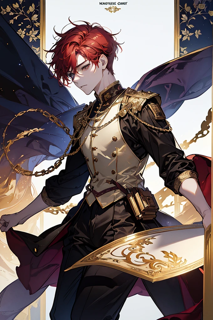 A man, adult, ((male)), short hair, high, Red hair, BROWN SKIN, gold eyes, Perfect face, beautiful clothes, Old clothes, detailed, dynamic lighting, (Best Quality), (Masterpiece), (reference sheet:1.5)