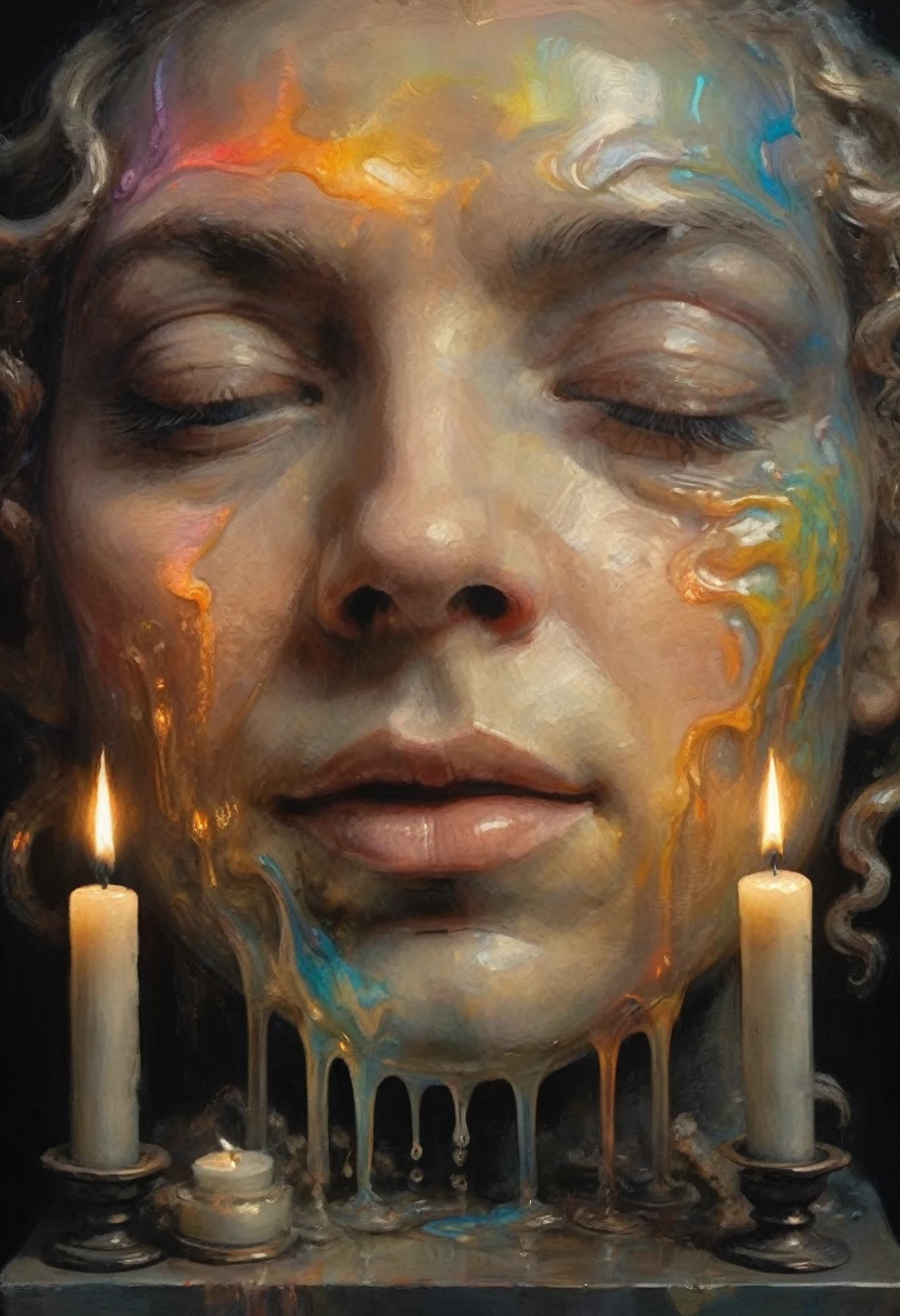 double exposure, fascinating detailed soft painting of a human face, melting sculpture sculpture of a beautiful sunset, made entirely of transitional elements with iridescent liquid in them, with tubes coming out of them, on a dark field with candles, muted colours, neoclassical, baroque, brutal architecture, in the style of Rembrandt