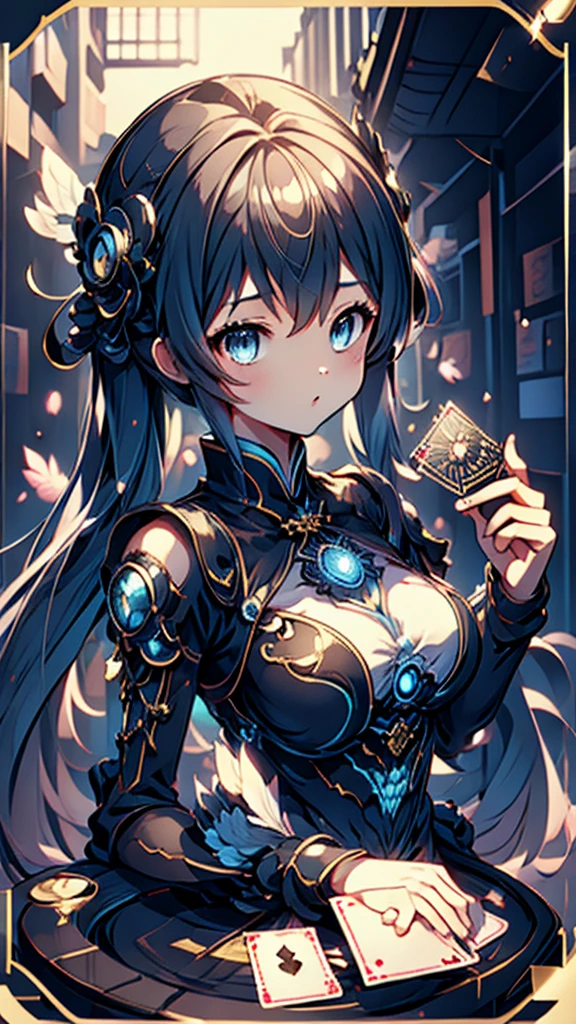 Cards，There are many cards floating in the sky，Girl holding cards，Girl holding a card，Big butt，Wide hips，Big Ass，Fantasy style，Magic Style，Sci-fi style，Sci-fi style与Magic Style，A girl holding a card with many cards floating behind her，Girl holding a card between two fingers，Girl holding cards，Correct human body structure，Correct body proportions，Girl holding a card，Girl holding cards，The girl holds a card in her hand，Street background，现代Street background，现代都市Street background，Magic Style的背景，Modern urban background，Cards floating in the sky，Cards floating in the background，Upper body close-up，Close-up above the waist，背景中有很多Cards floating in the air，Cards floating in the air，Tarot cards floating in the air