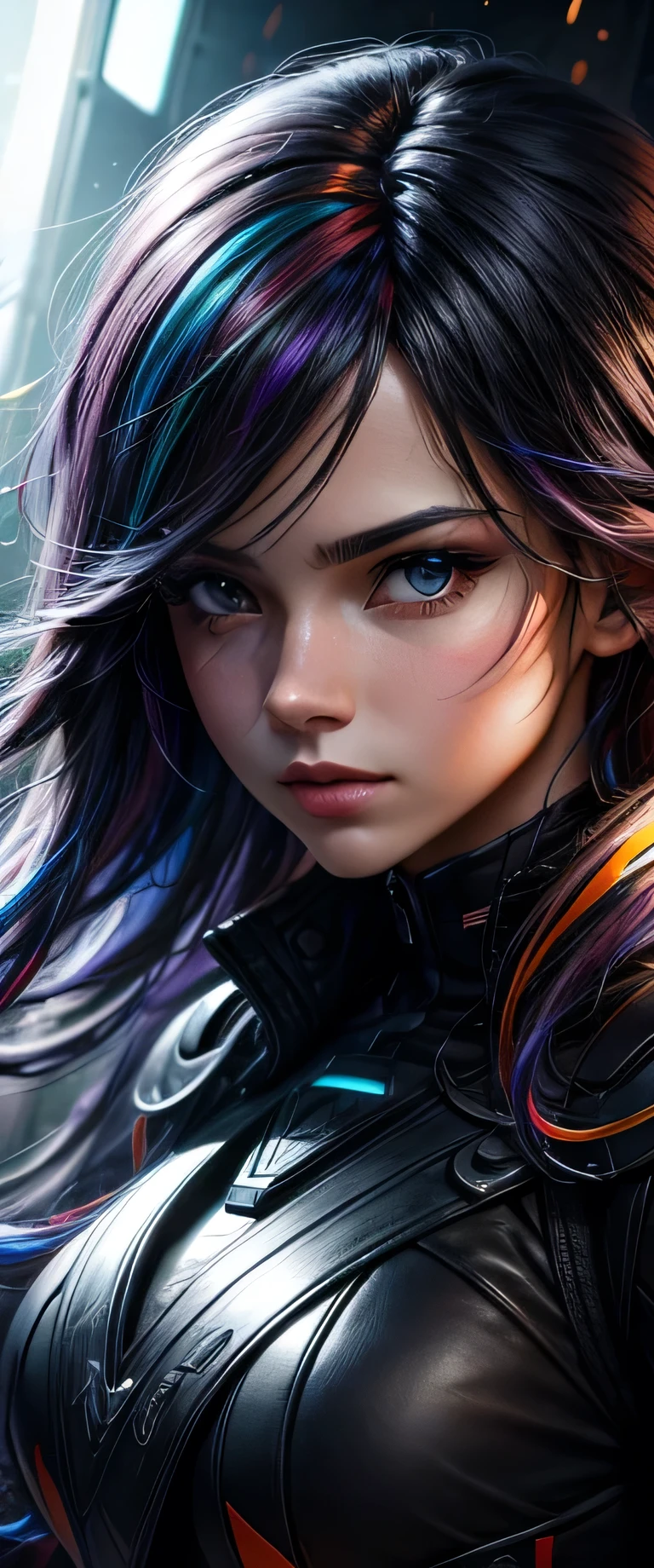 {{masterpiece}}, best quality, extremely detailed CG unity 8k wallpaper, cinematic lighting, lens flare, beautiful detail eyes, black, side glance, multicolor hair, colorful light, particles, heterochromia, (colorful:1.5), (colorful hair:1.5),