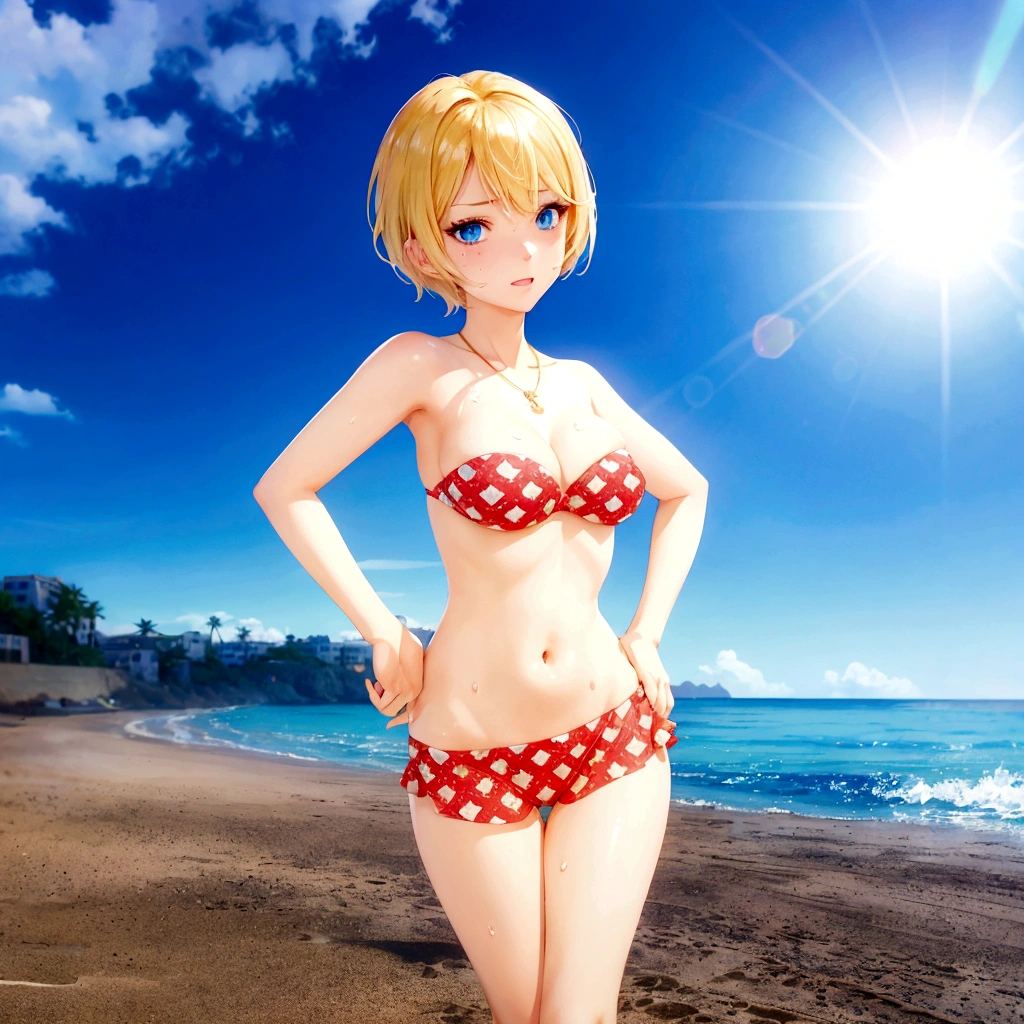 Sweating、Blue Eyes、Golden short hair、cartoon girl in a bikini standing on the beach with a blue sky in the background, realistic bikini, Photorealistic perfect body, whole body:: Sunny weather::, Cute 3D anime girl render, Perfect body with realistic shading, Realistic Anime 3D Style, Smooth anime CG art, Anime-style 3D, clothing: bikini, Standing near the beach, On the sunny beach