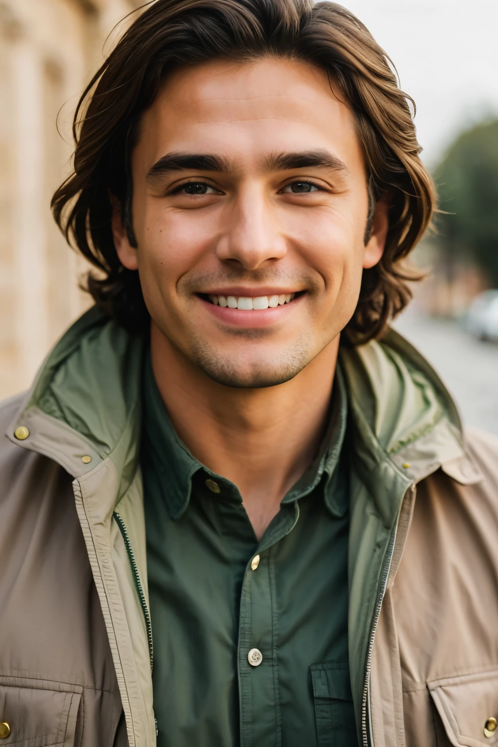wheatish complexion, brown hair, green eyes, large wrinkles, dimples on his face, a jacket