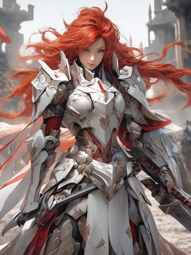 photography, raw photo, A female warrior dressed in battle clothes, red hair, holding a long sword in her hand, dressed in formal attire, a fusion of mecha and cloth clothing, with a complex hierarchy of monochromatic white characters, deep silver and light silver,32k