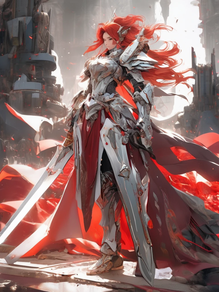 photography, raw photo, A female warrior dressed in battle clothes, red hair, holding a long sword in her hand, dressed in formal attire, a fusion of mecha and cloth clothing, with a complex hierarchy of monochromatic white characters, deep silver and light silver,32k