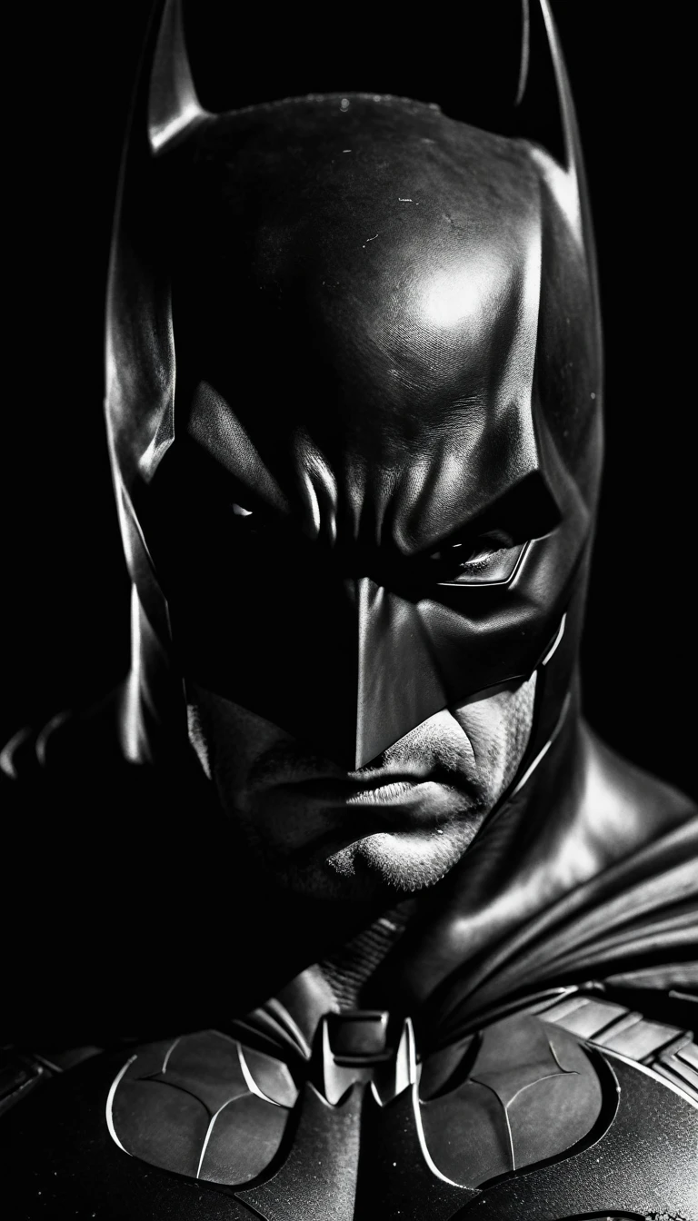 A riveting black and white extreme close-up portrait of Batman, focused on his intense and serious facial expression. He is looking downwards with a furrowed brow, as if concentrating on something below. The hyper-realistic detailing captures every line, pore, and shadow on his face, enhancing the overall intensity of the image. The background is starkly dark, emphasizing Batman's piercing gaze and the dramatic lighting that gives the photograph a cinematic feel., portrait photography, cinematic