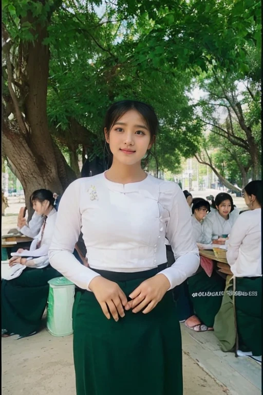 3 school teachers is 30years old.Tall, thin, big hips, big breasts, black hair, small lips, brown eyes, attractive, K.Top=white Burmese blouse,With long sleeves,Buttoned at the side.Bottom=(Dark green) long skirt.
Footwear=female Burmese sandals,The hair is knotted bun.Hijab