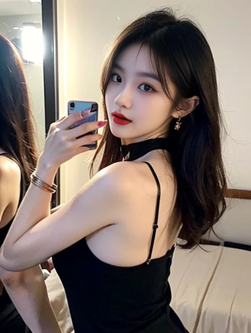 (((top quality, 8K, masterpiece: 1.3))), (lens flare), (((full body shot))),(vertical split screen:1.6), (Various scans:1.5), (instargram cover: 1.5), (facebook cover : 1.5), (photos of a girls's daily life : 1.4), (Followers' comments), (indirect lighting), ((vertical split screen:1.6), (various scean:1.5), (A mature prostitute girl enjoying with a smartphone chat app with a number of Korean adult guys : 1.6), (the girl has gorgeously dyed hair and pretty face makeup : 1.4), (the dress of a celebrity :1.3),, (she is wears a feminine dress and stockings and strappy high heels as she sits on her bed and chats with a number of man in online.), Her smartphone display shows a number of Korean adult man, who ask the woman to chat., Their chat language is English, the guy is waiting for her response, showed each popup window, chatting logs, Online Profiles and Photos, And the man is requesting a chat with her on the smartphone screen. He and she take turns sending messages on the chat app, her time is night,((lip make up :1.4))), (((being pick and put on lipstick))), (((reflect same char in mirror : 1.4))), (((looking in the mirror closely :1.3 ))),((1 woman, 25 years old, kpop idol, solo), (beauty: 1.4), (Low nose bridge and narrow nostrils : 1.2), (faint smile : 1.6), (gorgeous appearance : 1.4), slim body, realistic skin, (black medium hair : 1.3), (long legs, see-through pantyhose, choker necklace, precious metals, bracelet, earring, high heel)), (Make-up room, wardrobe, stool, powder room), ((Lower your upper body and stick out your buttocks)),
