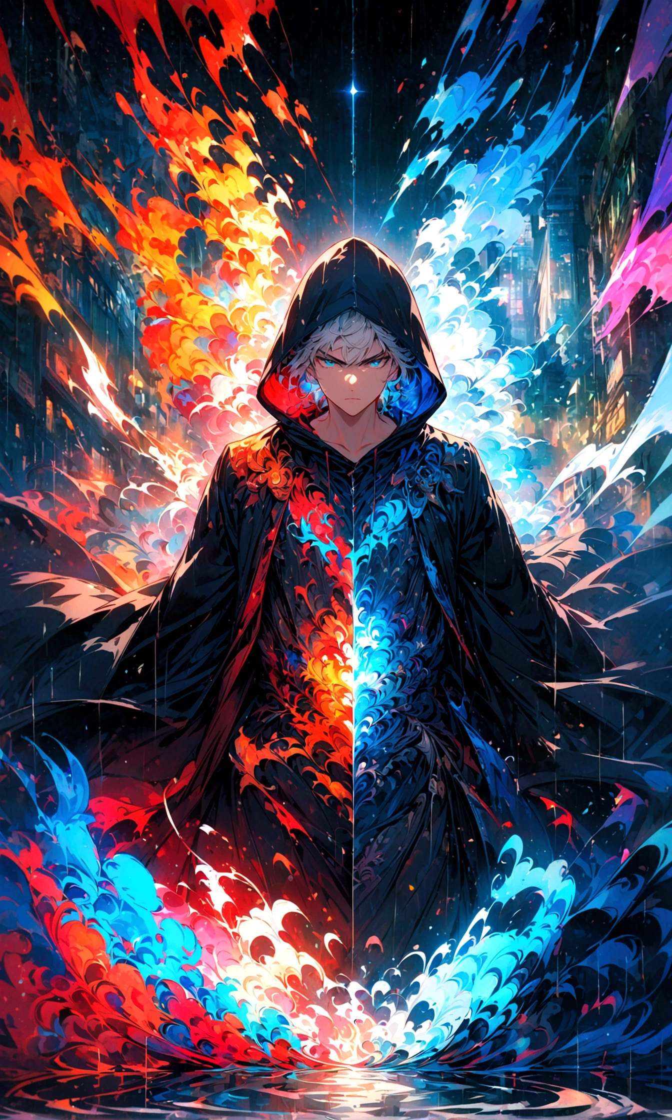 A young man with
white hair and blue eyes in a black Hood stood alone with his back turned halfway in the middle of a rainy city during the day.