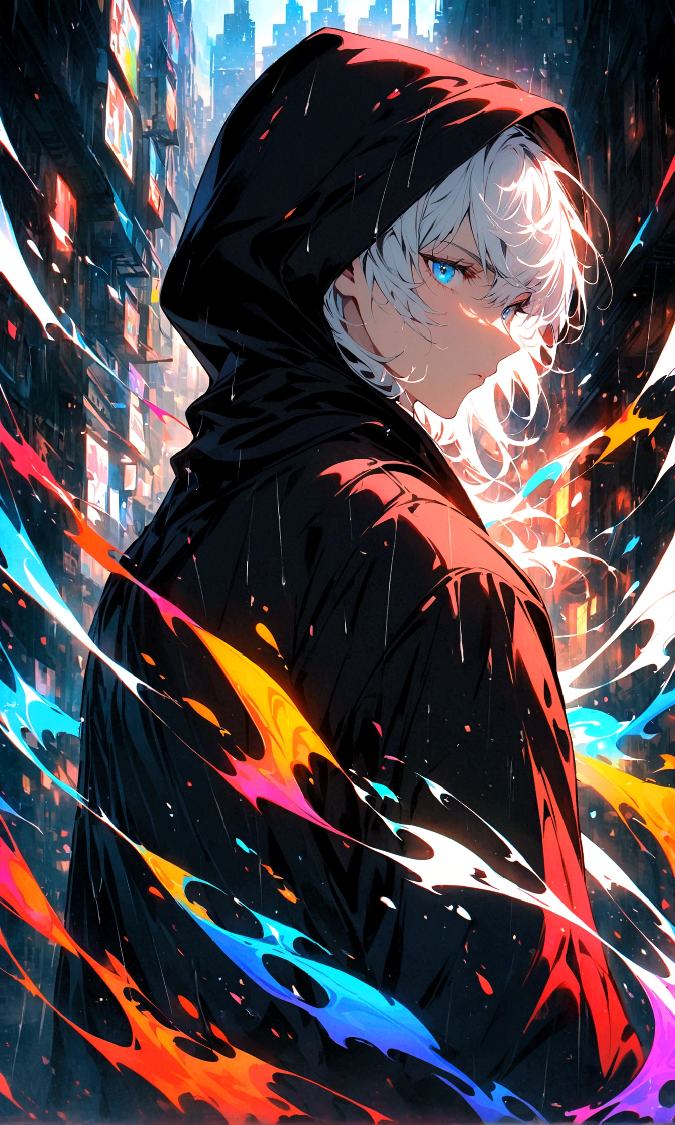 A young man with 
white hair and blue eyes in a black Hood stood alone with his back turned halfway in the middle of a rainy city during the day.