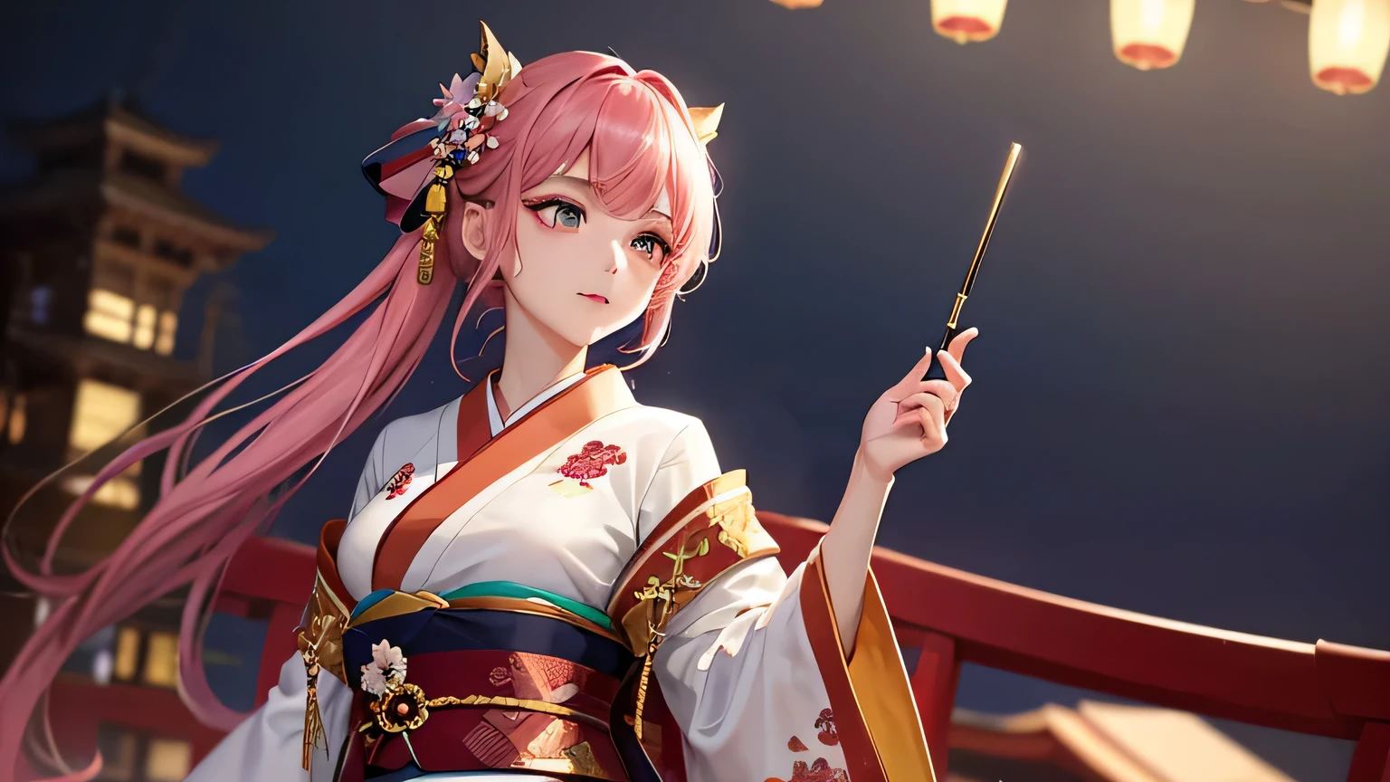 The night cityscape is dimly lit by the soft light of lanterns。Footsteps echo quietly on the stone pavement、In the distance you can hear the babbling of a stream.。In such an emotional backdrop、One woman is standing。 she、Beautiful woman with pink hair and gorgeous hair accessories。Red and green flowers、Gold ornaments adorned her hair、It further enhances its beauty.。Her eyes are gold and red、Highlighted with bright pink eyeshadow、The gaze is fixed directly on the camera.。lips are red、Slightly shiny、Her expression exudes confidence and grace.。 In one hand he holds a long, thin pipe.、The appearance is a fusion of tradition and modernity.。The kimono is decorated with traditional floral patterns.、It creates a fantastic and beautiful atmosphere。and、As an unexpected accent, she is wearing headphones.、Its modern elements highlight her individuality.。 SheIt feels like you are walking along the Oiran Dochu.々and、Its elegance and beauty captivate the viewer.。Her gorgeous and elegant appearance、Sexy and very attractive。Its beauty is so great that everyone turns their heads。 This image is、It can be said to be a symbol of Japanese beauty where tradition and modernity intersect.。Her presence、In harmony with the surrounding landscape、It looks like a work of art。as if、Like a single flower that colors the city at night。

