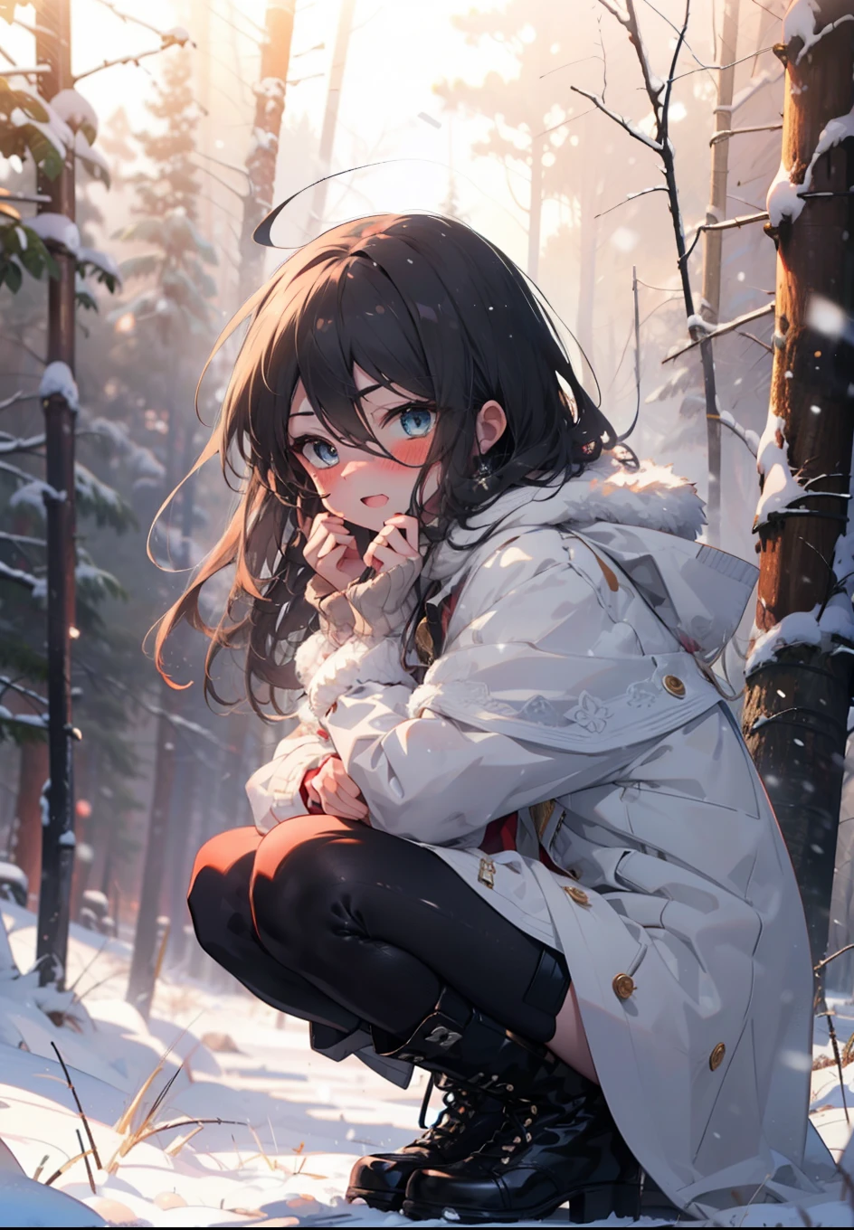 Shana,灼眼のShana,Long Hair, Redhead, Red eyes,Ahoge,,smile,blush,White Breath,
Open your mouth,snow,Ground bonfire, Outdoor, boots, snowing, From the side, wood, suitcase, Cape, Blurred, , forest, White handbag, nature,  Squat, Mouth closed, Cape, winter, Written boundary depth, Black shoes, red Cape break looking at viewer, Upper Body, whole body, break Outdoor, forest, nature, break (masterpiece:1.2), Highest quality, High resolution, unity 8k wallpaper, (shape:0.8), (Beautiful and beautiful eyes:1.6), Highly detailed face, Perfect lighting, Highly detailed CG, (Perfect hands, Perfect Anatomy),