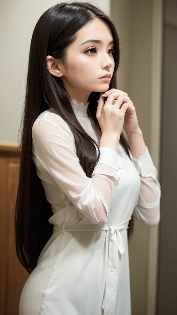 A woman with a thin chin, delicate long hair, white blouse, leaning her chin on her hand and looking into the distance