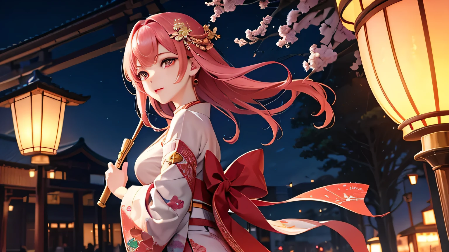 The night cityscape is dimly lit by the soft light of lanterns。Footsteps echo quietly on the stone pavement、In the distance you can hear the babbling of a stream.。In such an emotional backdrop、One woman is standing。 she、Beautiful woman with pink hair and gorgeous hair accessories。Red and green flowers、Gold ornaments adorned her hair、It further enhances its beauty.。Her eyes are gold and red、Highlighted with bright pink eyeshadow、The gaze is fixed directly on the camera.。lips are red、Slightly shiny、Her expression exudes confidence and grace.。 In one hand he holds a long, thin pipe.、The appearance is a fusion of tradition and modernity.。The kimono is decorated with traditional floral patterns.、It creates a fantastic and beautiful atmosphere。and、As an unexpected accent, she is wearing headphones.、Its modern elements highlight her individuality.。 SheIt feels like you are walking along the Oiran Dochu.々and、Its elegance and beauty captivate the viewer.。Her gorgeous and elegant appearance、Sexy and very attractive。Its beauty is so great that everyone turns their heads。 This image is、It can be said to be a symbol of Japanese beauty where tradition and modernity intersect.。Her presence、In harmony with the surrounding landscape、It looks like a work of art。as if、Like a single flower that colors the city at night。


