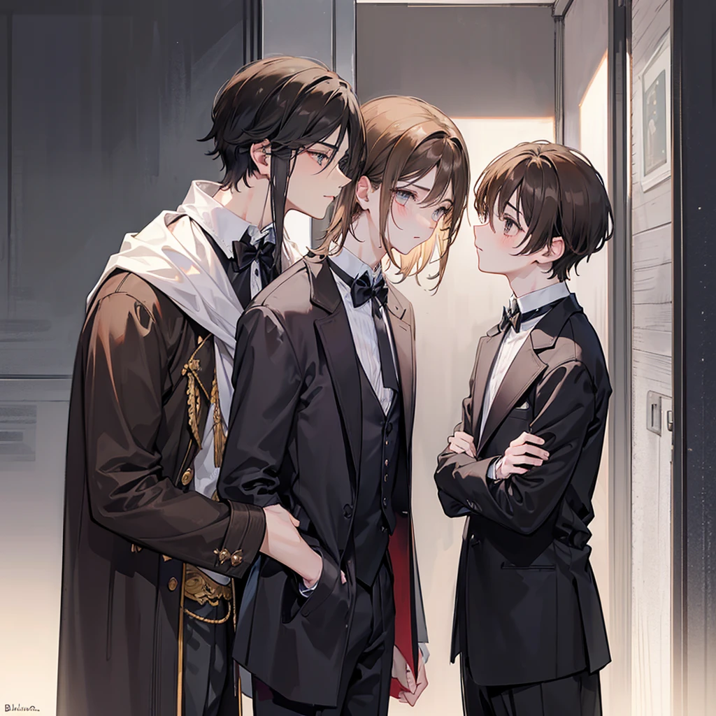 Two boys kissing, one taller man holding the smaller man chin, the tall man has dark eyes and hair, and he's wearinh dark clothes, whike the smaller man has fluffy light brown hair, and light brown eyes, he looks at the tall guy blushing and holding on hie clothes