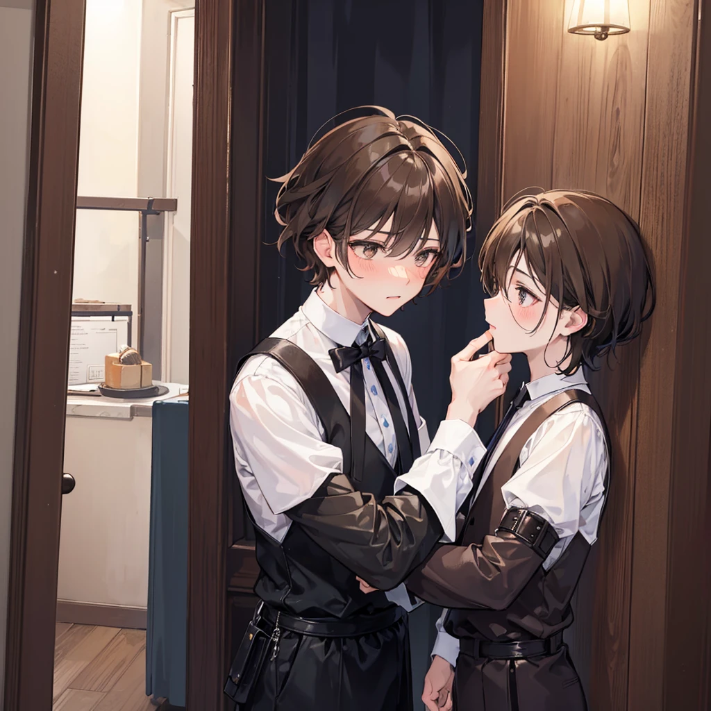 Two boys kissing, one taller man holding the smaller man chin, the tall man has dark eyes and hair, and he's wearinh dark clothes, whike the smaller man has fluffy light brown hair, and light brown eyes, he looks at the tall guy blushing and holding on hie clothes