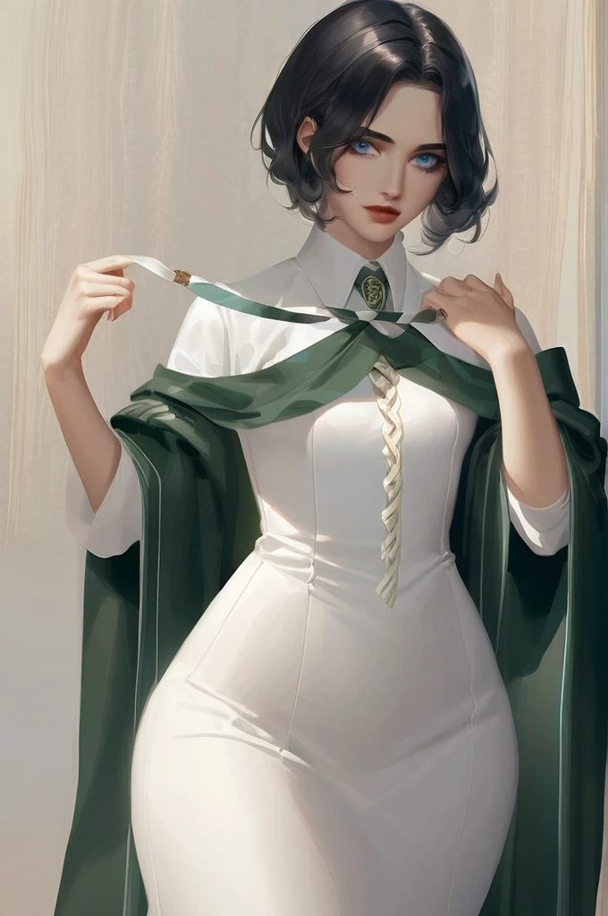 ((Лучшее качество)), ((шедевр)), (подробный), young girl, British, black hair, blue eyes, small , wide , light makeup, slytherin , realism style