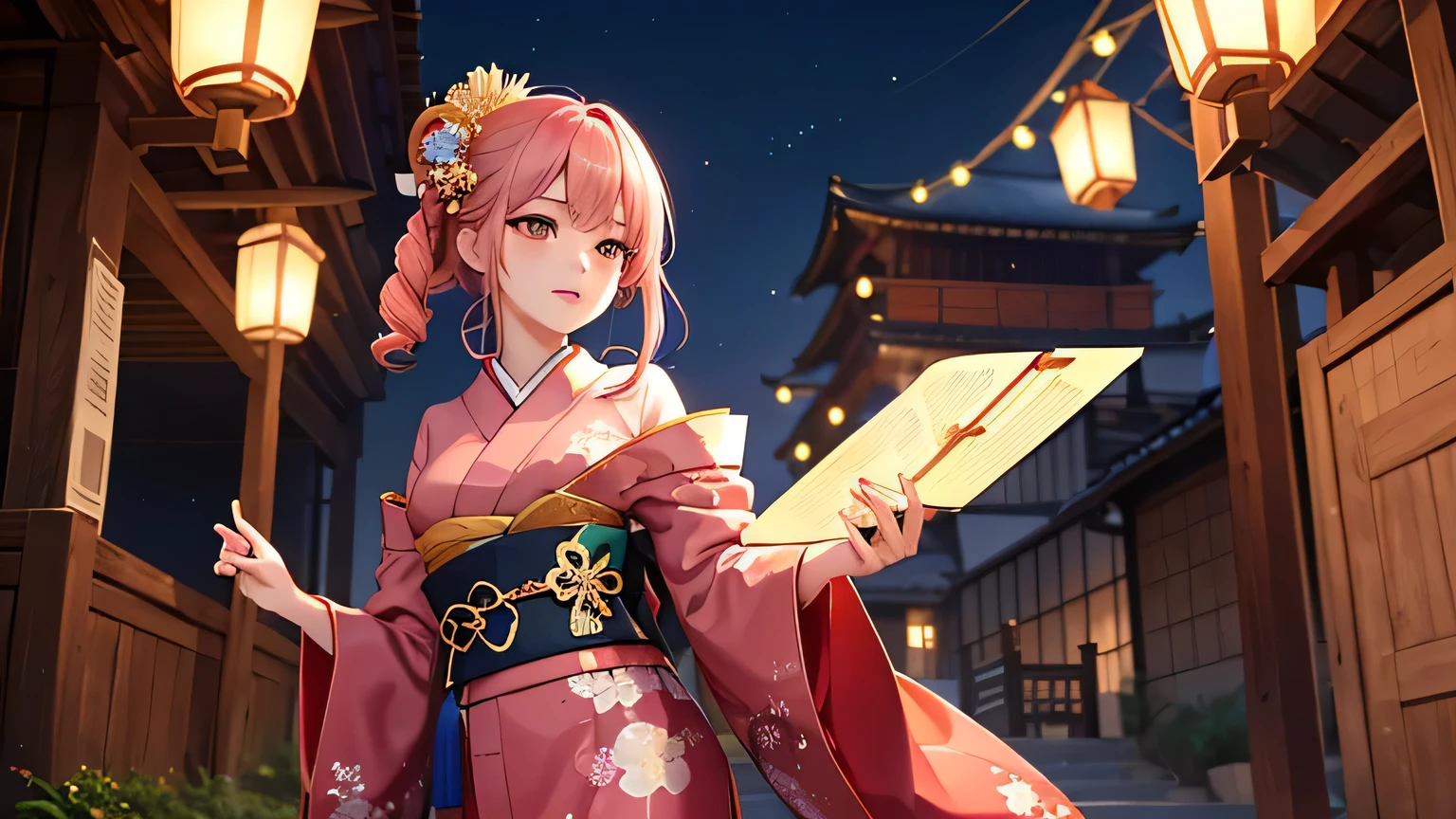 The night cityscape is dimly lit by the soft light of lanterns。Footsteps echo quietly on the stone pavement、In the distance you can hear the babbling of a stream.。In such an emotional backdrop、One woman is standing。 she、Beautiful woman with pink hair and gorgeous hair accessories。Red and green flowers、Gold ornaments adorned her hair、It further enhances its beauty.。Her eyes are gold and red、Highlighted with bright pink eyeshadow、The gaze is fixed directly on the camera.。lips are red、Slightly shiny、Her expression exudes confidence and grace.。 In one hand he holds a long, thin pipe.、The appearance is a fusion of tradition and modernity.。The kimono is decorated with traditional floral patterns.、It creates a fantastic and beautiful atmosphere。and、As an unexpected accent, she is wearing headphones.、Its modern elements highlight her individuality.。 SheIt feels like you are walking along the Oiran Dochu.々and、Its elegance and beauty captivate the viewer.。Her gorgeous and elegant appearance、Sexy and very attractive。Its beauty is so great that everyone turns their heads。 This image is、It can be said to be a symbol of Japanese beauty where tradition and modernity intersect.。Her presence、In harmony with the surrounding landscape、It looks like a work of art。as if、Like a single flower that colors the city at night。

