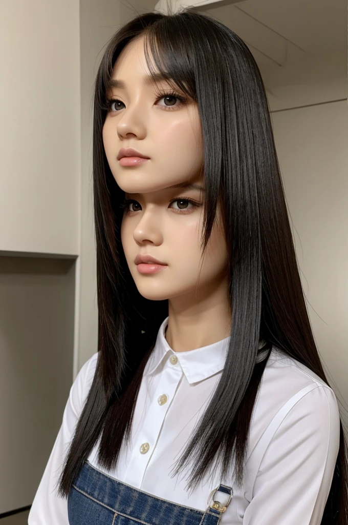 chibi mid length straight hair with sharp eyes, pointed nose, thin lips figure 