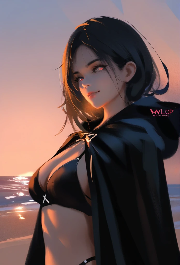 1girl, solo, wlop,
Black hair, gradient eyes, black cloak, seductive smile,
beach, sunset,
masterpiece, best quality,