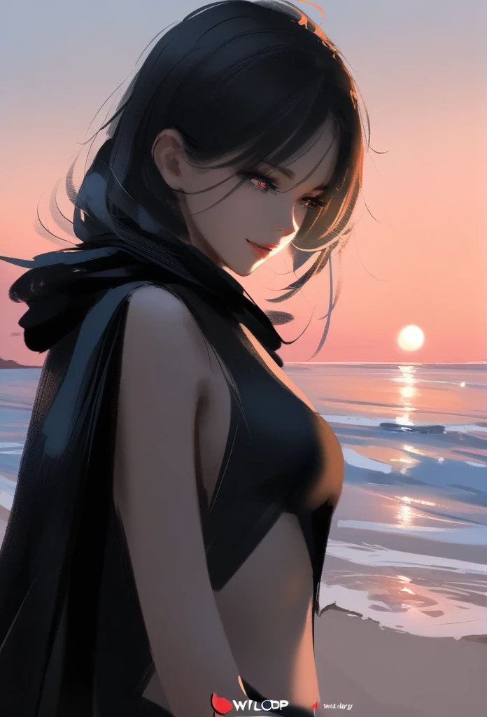 1girl, solo, wlop,
Black hair, gradient eyes, black cloak,  smile, 
beach, sunset, 
masterpiece, best quality,
