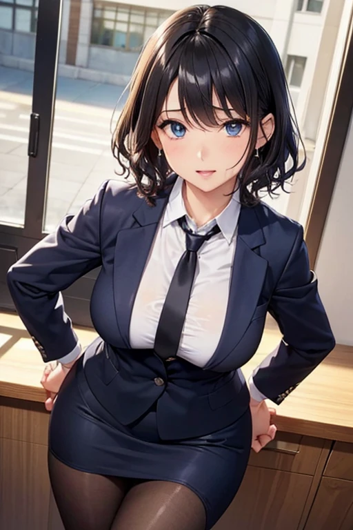 #Basics A girl is posing for a photo, animeのかわいい女の子, (((One Girl, Baby Face, Young girl, 16 years old))), 
BREAK 

#Clothing Accessories 
(Navy Blue Suit : (Suit jacket:1.2) + (Suit vest) + Clean white blouse + Slim pencil skirt + Red tie), (Sheer black pantyhose + Black High Heels), 
(Silver Necklace, silver earrings), 
BREAK 

#Features 
((Black Hair), (Bangs that expose the forehead), (Chest-length sideburns + Curly hair), (Short Hair : Curly Hair + Curled up + Plump and voluminous)), 
(Droopy eyes,blue eyes), (Small breasts), 
BREAK 

#expression 
(smile, 楽しいexpression), 
#background environment 
((noon, Sunshine, Corporate office in a modern building)), 
#composition 
((Face the camera + Angle from the feet, Confident and powerful pose with hands on hips, A commanding presence, Cowboy Shot)), 
BREAK 

#Body parts elements 
(Symmetrical facial features), 
(Detailed hair, Beautiful Hair, Shiny Hair), 
(double eyelid, Long eyelashes), 
(Expression of fine eyes, Beautiful and delicate eyes, Sparkling eyes, Eye Reflexes), 
(Human Ear), 
(Beautiful Nose, Thin Nose), 
(Glossy lips, Beautiful Lips, Thick lips), 
(Detailed skin, Textured skin, Beautiful Skin), 
BREAK 

#Quality 
(((Highest quality)), ((masterpiece)), ((Very detailed))), ((High resolution), (16K,1080P)), 
(Realistic), (Anatomically correct), 
((comics, anime)), (3DCG), CG illustration,
