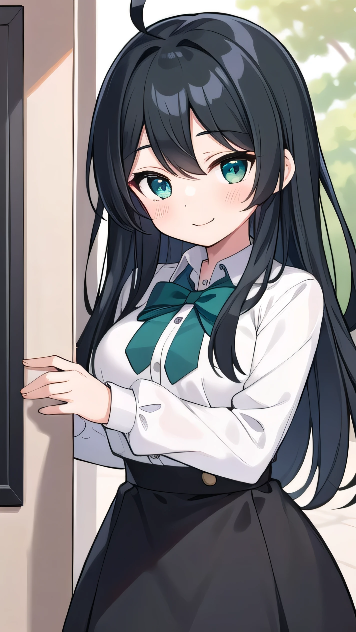 high schoolooks like an elementary school st short, 140 cm tall, black slight green tinge, short ahoge, beautiful long hair but with a little hair sticking out, beautiful round eyes, blue eyes, smile, boyish, long sleeves, Thick clothes, skirt, big breasts, hair longer than waist, long hair, childish face, gentle smile, a little shy, black skirt, black hair with a slight green tinge, boyish, gentle smile, jacket one size larger, ( Deep greenish black hair: 1.3)