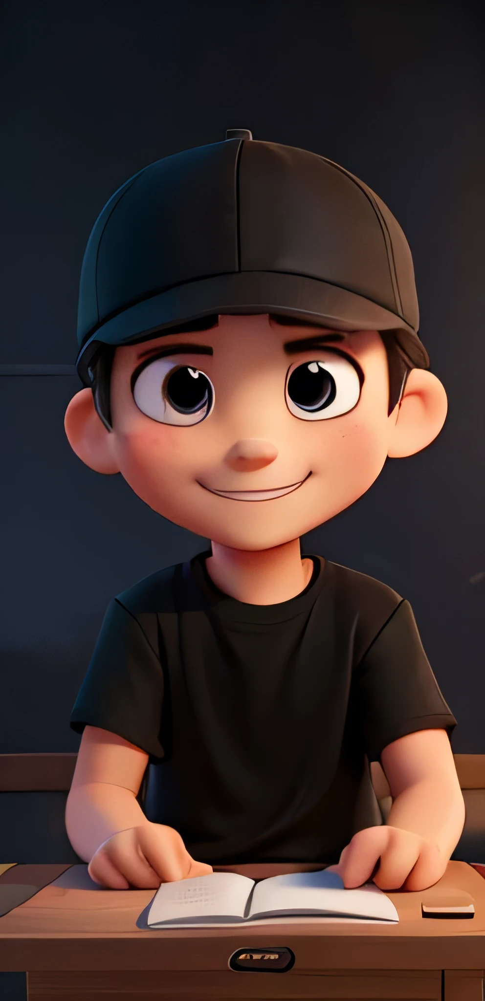 He is wearing a plain black T-shirt and a black cap,Plain black cap,Simple black t-shirt,Denim pants,Long face,Simple black cap,tall,A completely plain black T-shirt and cap,Long face,Age 25、good looking,Big eyes,Japanese,Baseball Cap,Small Nose,good looking,tall,Looking at the camera from the front,(Background blur) (Highest quality) (Beautiful Skin) (Detailed Texture) (8K) (clay) (Spotlight lighting) ，Sitting on a chair and exposing the upper half of my body、He is the leader of the class、presentationをしている、Able to work、presentation、Be confident、Eyes are also smiling、leadership、smile、Close-up Character, Character pose、いsmile、Ambient lighting、A little dark studio、Spotlight lighting、Beautiful Skin、Smiling to the eyes、A dark studio、Facing the camera、Your own aura、trust、Spotlight from above、Long face、Age 25、Spotlight shining from directly above