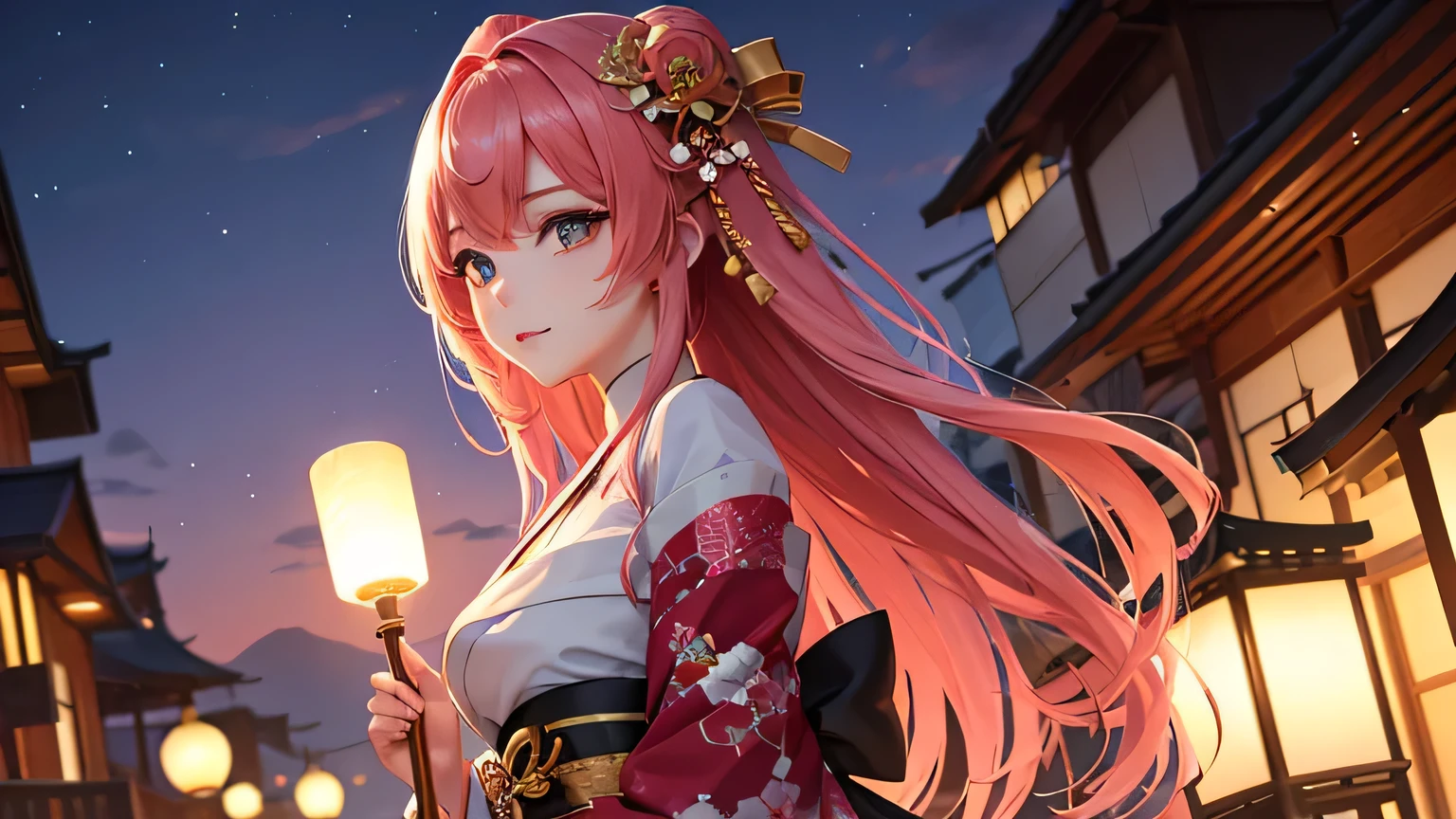 The night cityscape is dimly lit by the soft light of lanterns。Footsteps echo quietly on the stone pavement、In the distance you can hear the babbling of a stream.。In such an emotional backdrop、One woman is standing。 she、Beautiful woman with pink hair and gorgeous hair accessories。Red and green flowers、Gold ornaments adorned her hair、It further enhances its beauty.。Her eyes are gold and red、Highlighted with bright pink eyeshadow、The gaze is fixed directly on the camera.。lips are red、Slightly shiny、Her expression exudes confidence and grace.。 In one hand he holds a long, thin pipe.、The appearance is a fusion of tradition and modernity.。The kimono is decorated with traditional floral patterns.、It creates a fantastic and beautiful atmosphere。and、As an unexpected accent, she is wearing headphones.、Its modern elements highlight her individuality.。 SheIt feels like you are walking along the Oiran Dochu.々and、Its elegance and beauty captivate the viewer.。Her gorgeous and elegant appearance、Sexy and very attractive。Its beauty is so great that everyone turns their heads。 This image is、It can be said to be a symbol of Japanese beauty where tradition and modernity intersect.。Her presence、In harmony with the surrounding landscape、It looks like a work of art。as if、Like a single flower that colors the city at night。