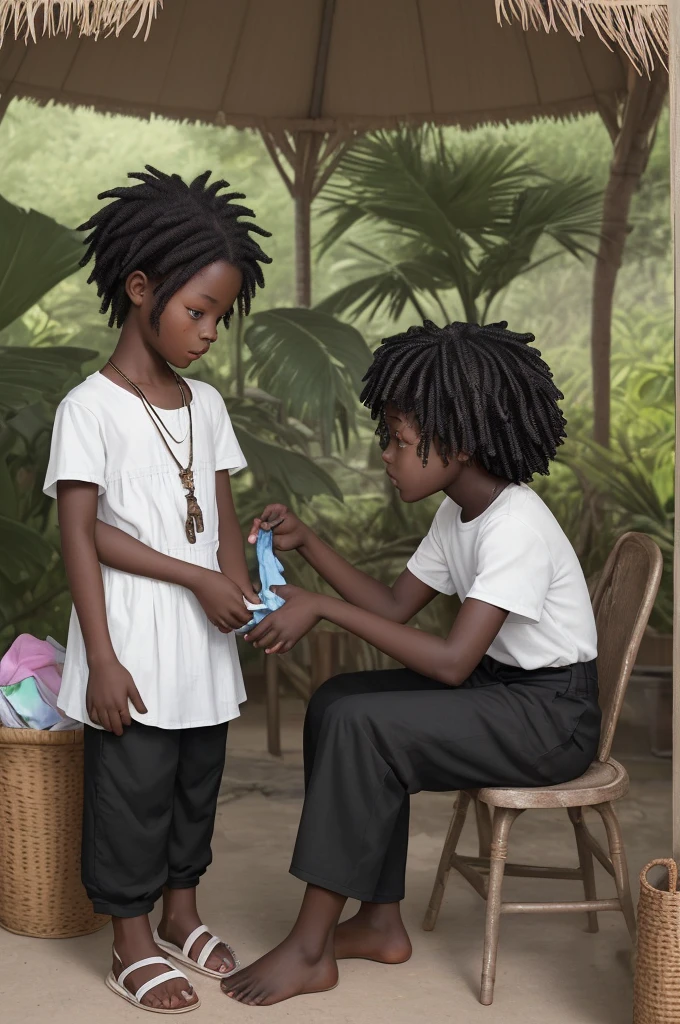 Create a highly detailed ultra realistic portrait image of A young African boy with black skin, dressed in a white shirt and quarter-left black pants, is sitting with a young girl who also has black skin. She is wearing a floral dress and flip-flops. The boy is washing the figurines while they sit and chat under a canopy. She has a small handbag, and the boy is holding a phone.
