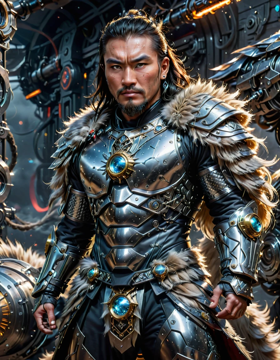 A high-resolution image of a science fiction Mongolian warrior. He is adorned in fur armor combined with chainmail, with elements of carbon integrated into the design. He stands beside a futuristic balance bike, made of sleek chrome and advanced materials. In one hand, he holds a laser gun, its barrel glowing faintly. The warrior is powered by nuclear energy, with subtle indicators of this power source on his armor. The background is a dark void, with energy particles swirling around him, casting a soft light on the chrome and carbon surfaces. The overall scene blends ancient warrior aesthetics with futuristic technology, creating a striking and dynamic visual.