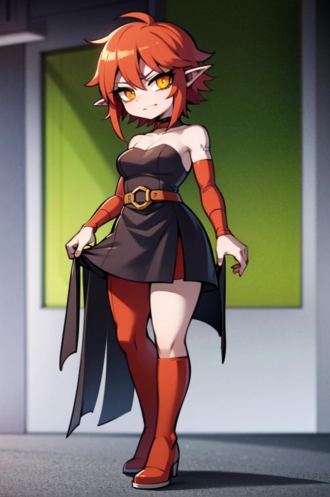 goblin enginner, red hair, golden eyes, green skin, full body art