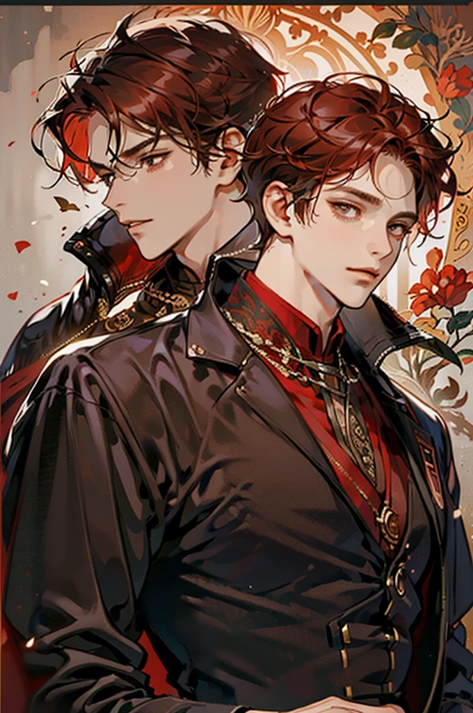 (Best Quality),adult,1 man, male, maduro, very high, Elegant and strong, BROWN SKIN (((very short crimson hair))), black eyes, medieval bohemian style clothing, , Richly textured background, soft lighting, portrait style, painting style, deep colors