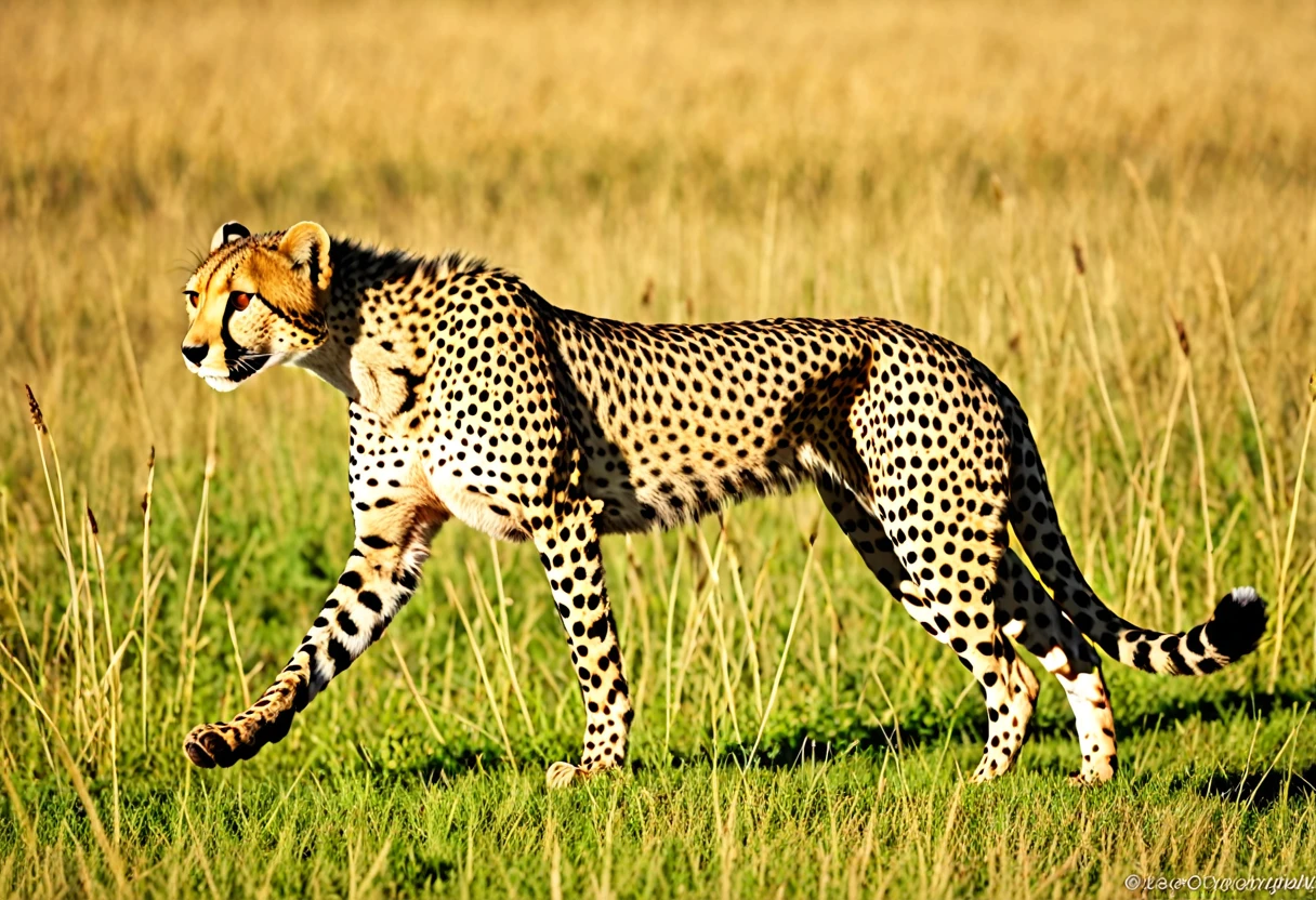 (Cheetah), grassland, Run, speed, grace, wild, fast, nature, Predator, Brilliant, Chasing prey, muscle, Powerful, Light of the sun,

広大なgrasslandを背景に、Cheetahが全速力で走っている姿を捕らえた画像。Cheetahのmuscleの動きとその速さを強調し、natureの光がCheetahを照らしている。