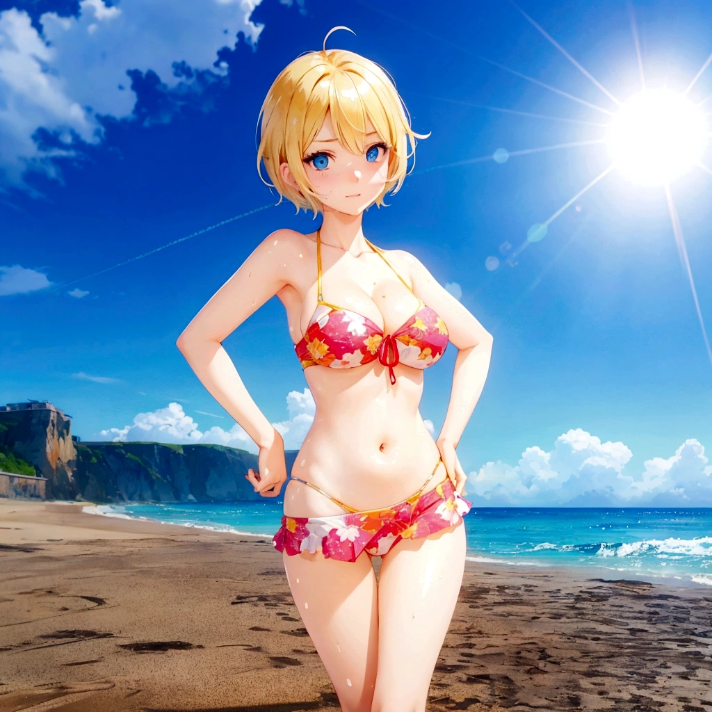 Sweating、Blue Eyes、Golden short hair、cartoon girl in a bikini standing on the beach with a blue sky in the background, realistic bikini, Photorealistic perfect body, whole body:: Sunny weather::, Cute 3D anime girl render, Perfect body with realistic shading, Realistic Anime 3D Style, Smooth anime CG art, Anime-style 3D, clothing: bikini, Standing near the beach, On the sunny beach
