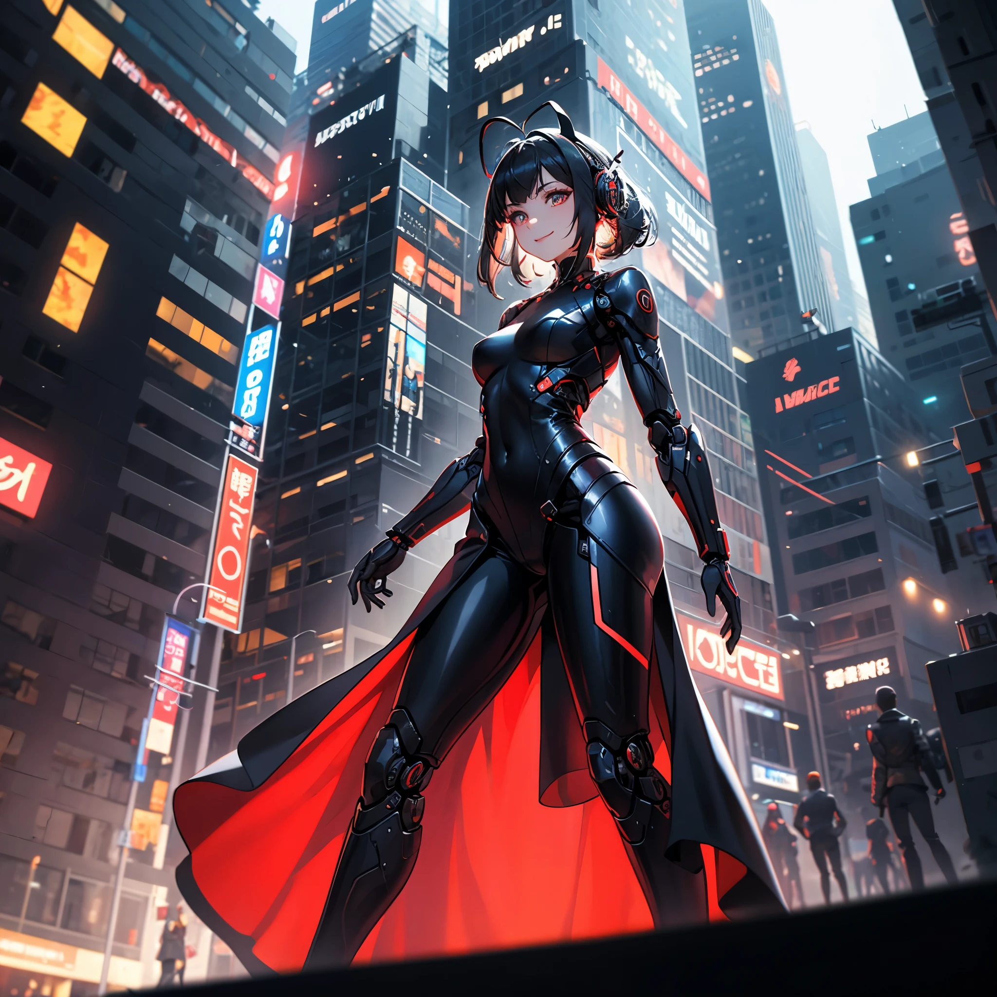 ((masterpiece, best quality)), 8k wallpaper, mechanical girl, Long hair, Red hair, alone, gown, humanoid robots, cyber punk perssonage, red eye, Show viewers, long sleeve, Building, White gown, mitts, hair ornaments, black jacket, smile, floating hair, closed mouth, looks away, outside, Future science Fiction, Antenna ears, dutch angle, constructivism, optical Ilusion, F/2.8, best quality, retina