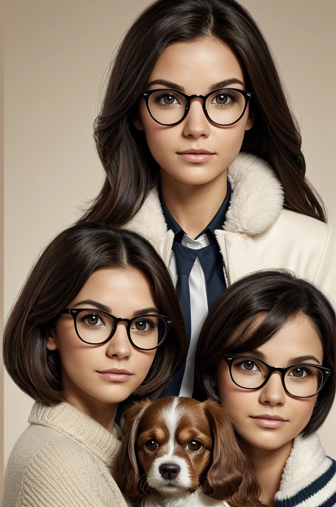Pixar type poster of a couple, Woman with Oval Face Shape, CabelloLargo, seeds, dark brown, Loose and Brown Eyes Face Man Oval Shape.short dark hair. Brown eyes and glasses with dark frames. Together with 2 dogs, a Raza Cocker Spaniel. Light beige color. And another small breed,White color with some light tones.
And a cat with light gray fur, uniform and smooth. medium-sized adult green eyes and M-shaped stripes on its forehead