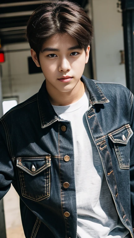 Lee ho ,23 year old young man , best qualityer, high resolution, light hair, eyes browns, Look at the Beholder, wearing a black denim jacket, K-pop railroad style ,Beauthfull, highest quallity , high resolution