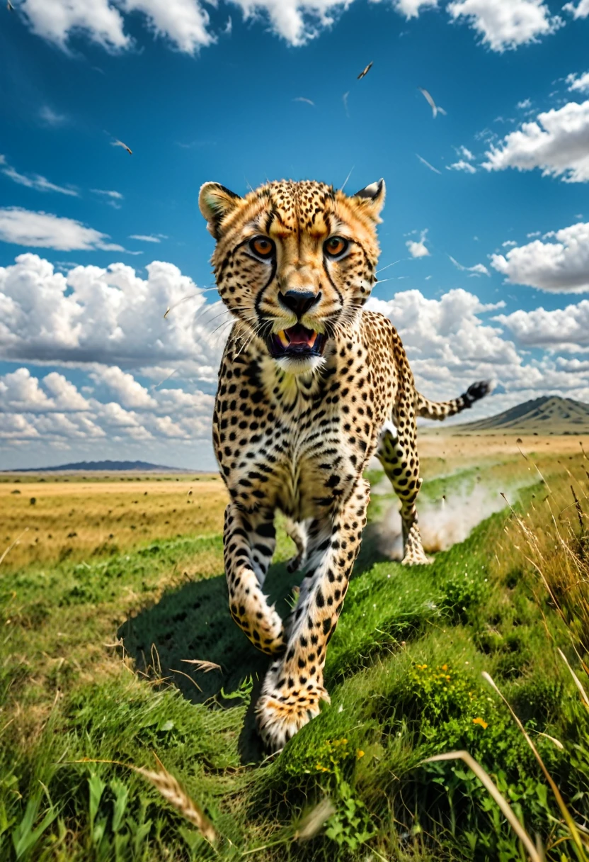 A cheetah is chasing prey at full speed on the African grasslands, with the wind blowing the grass, showcasing the ultimate speed and power. The background is vast grasslands and blue sky and white clouds, panoramic, cinematic still, emotional, vignette, dynamic, vivid, (masterpiece, best quality, Professional, perfect composition, very aesthetic, absurdres, ultra-detailed, intricate details:1.3)