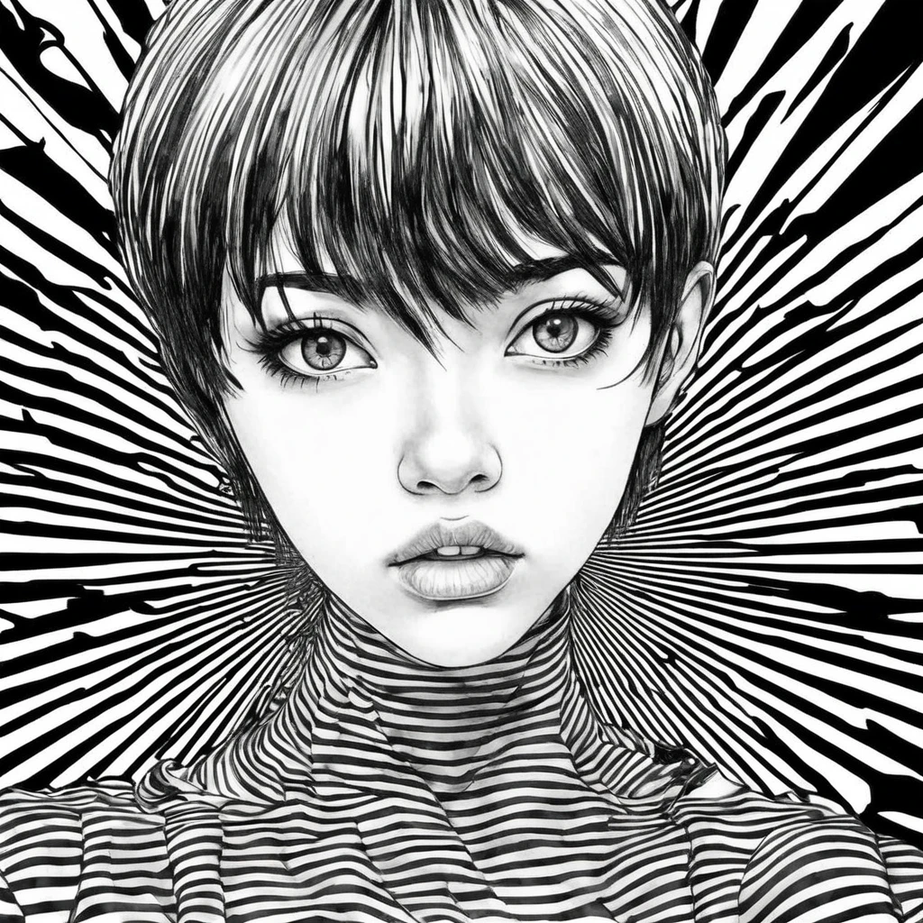 Draw a black and white illustration in gothic manga style. The image must show the face of a teenager with a serious expression, short black hair, vestindo um terno. Only the neck upwards should be visible. The background should have crooked black and white stripes to create a distorted and dynamic effect.