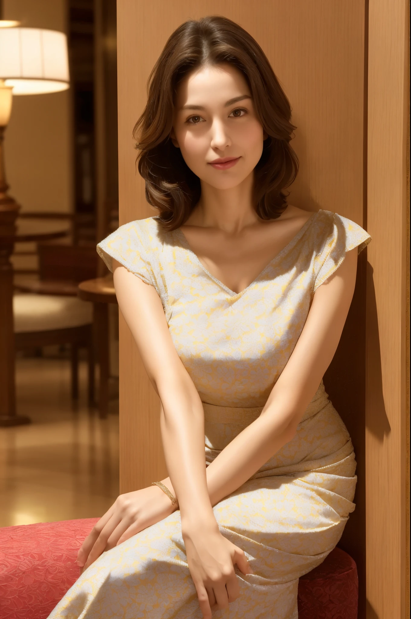 highest quality, masterpiece, High resolution, Photorealistic, RAW Photos, 8k wallpaper, perfection, Professional Lighting, Very detailed, Written boundary depth, ((One beautiful woman)), ((Sexy 40 year old women)), (In the hotel lobby), ((A brightly colored, large-patterned dress)), ((Looking at the camera)), Detailed face, Beautiful Eyes, (Sit with the correct posture), (Sit facing forward), Shapely small breasts, (Sexy look), Light brown straight hair, Symmetrical hair length, (Thick lips), ((Place your arms between your legs))