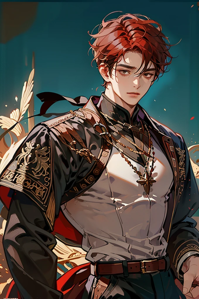 (Best Quality),adult,1 man, male, maduro, very high, Elegant and strong, BROWN SKIN (((very short crimson hair))), black eyes, medieval bohemian style clothing, , Richly textured background, soft lighting, portrait style, painting style, deep colors
