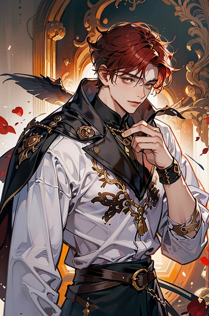 (Best Quality),adult,1 man, male, maduro, very high, Elegant and strong, BROWN SKIN (((very short crimson hair))), black eyes, medieval bohemian style clothing, , Richly textured background, soft lighting, portrait style, painting style, deep colors