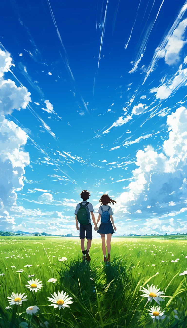 two young couples in a field with grass and daisy flowers, seeing a vast blue sky with fluffy clouds and brush strokes , several shots , makoto shinkai cyril rolando, anime art wallpaper 4k, anime art wallpaper 4k, animated background, anime art wallpaper 8K, animated background art, Anime Landscape Wallpaper, amazing wallpaper, HD wallpaper, 4k anime wallpaper, 4k anime wallpaper, Aries Moross art,art by Bob Byerley , AshleyWoodArtAI, greg rutkowski