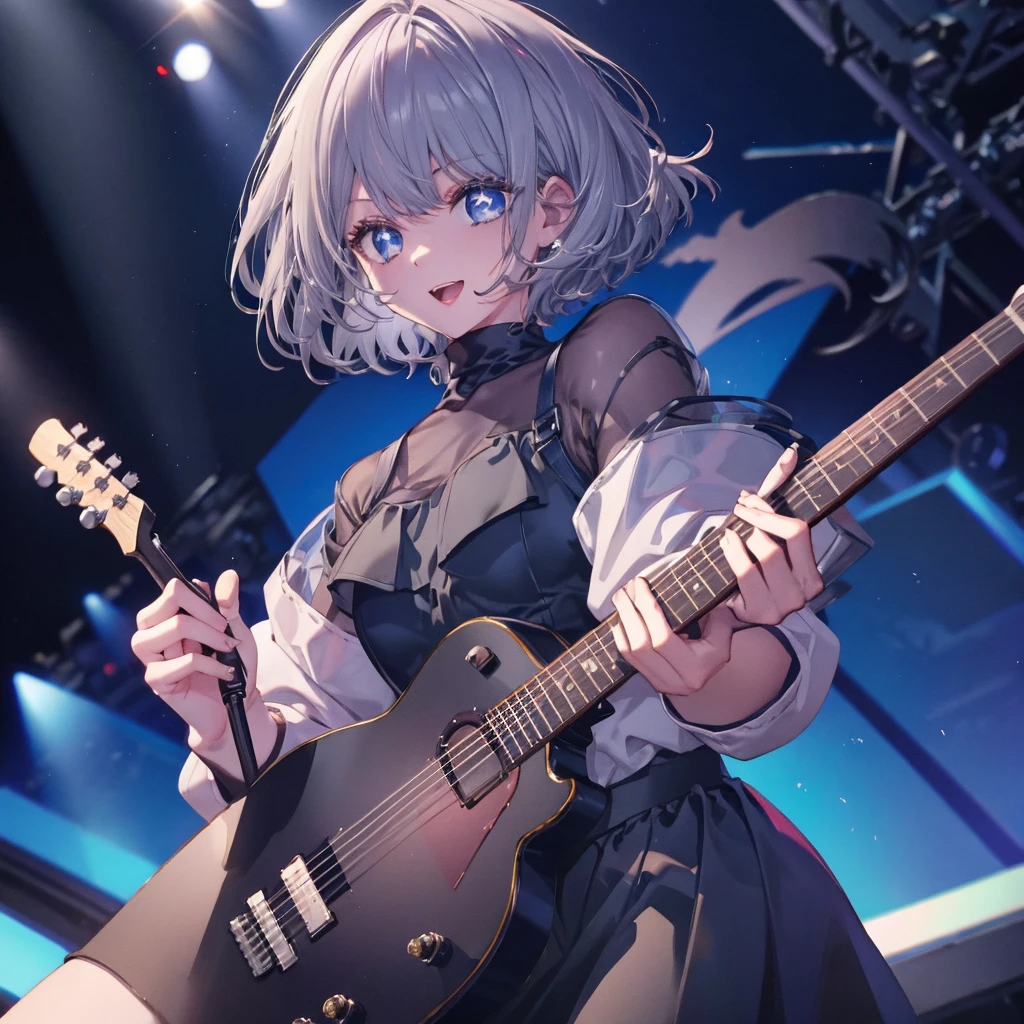 (((1 person Gray Hair dress singer blue eyes))) ((High resolution short hair 青いdress Black Skirt Rin々Funny face)) ((Close-up)) ((Open your mouth Shining Aura On stage Guitar solo)) (smile Exposure to blue light) Shining Background Shining Edge