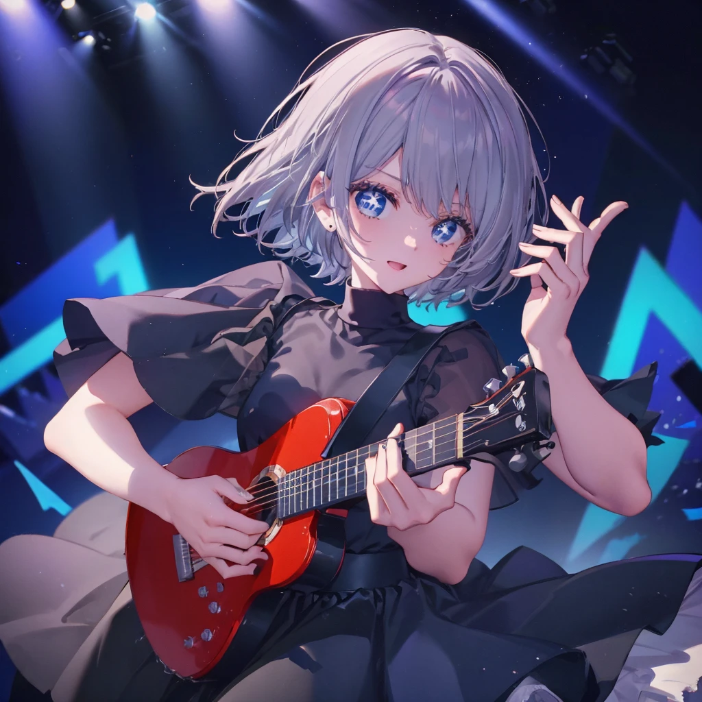 (((1 person Gray Hair dress singer blue eyes))) ((High resolution short hair 青いdress Black Skirt Rin々Funny face)) ((Close-up)) ((Open your mouth Shining Aura On stage Guitar solo)) (smile Exposure to blue light) Shining Background Shining Edge