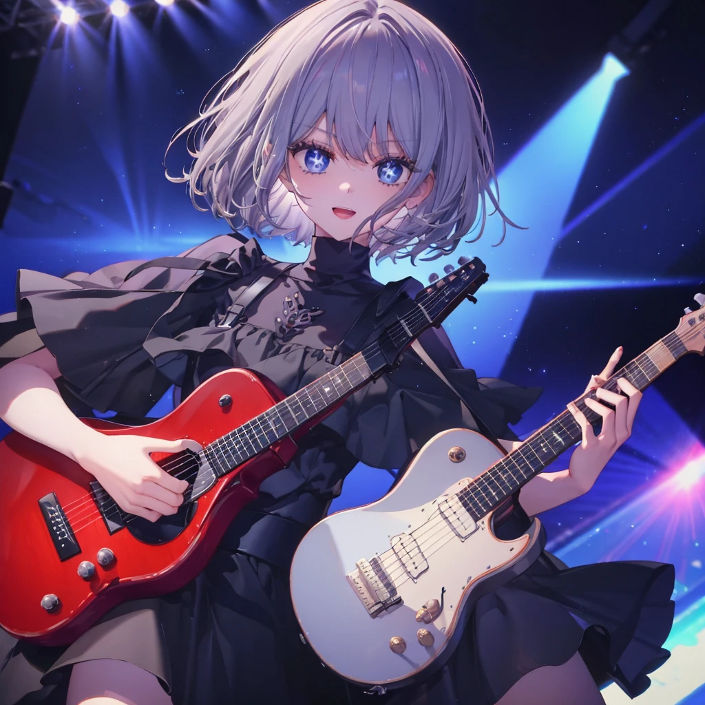 (((1 person　Gray Hair　dress　singer　blue eyes)))　((High resolution　short hair　青いdress　Black Skirt　Rin々Funny face))　((Close-up))　((Open your mouth　Shining Aura　On stage　Guitar solo))　(smile　Exposure to blue light)　Shining Background　Shining Edge