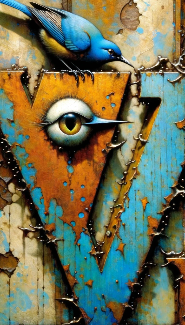 a closeup of a rusty metal letter V, with a blue bird playing with an eye, letter: V (Dave Mckean inspired art, intricate details, oil painting)